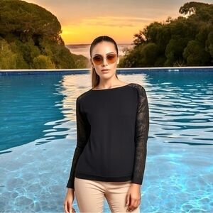 DKNY Fancy Black Lace Trimmed Long Sleeve Shirt Wool Women’s Sweater Top